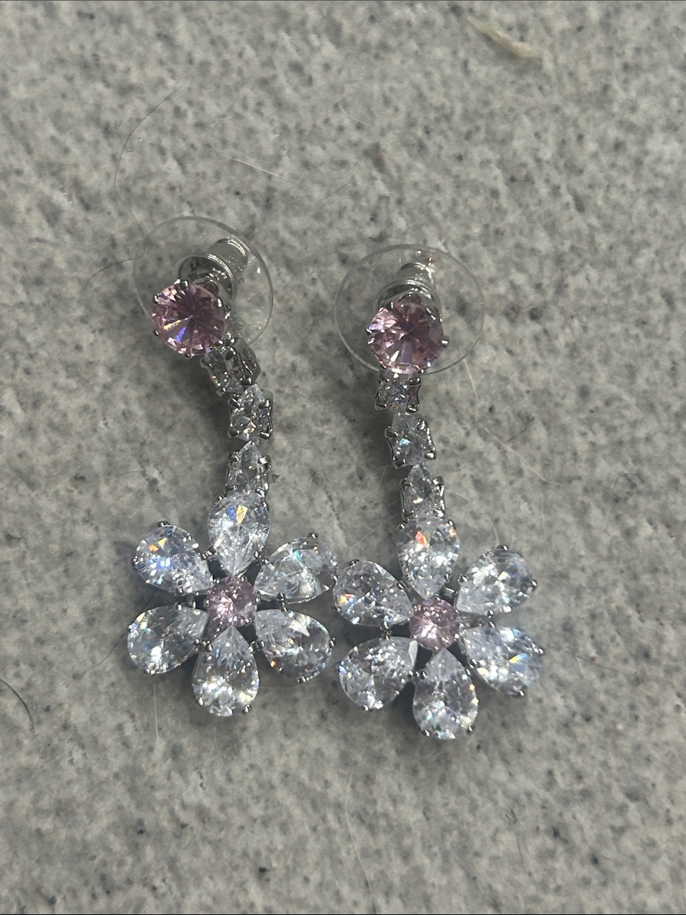 Delicate Pink-Centered Silver Floral Drop Earrings